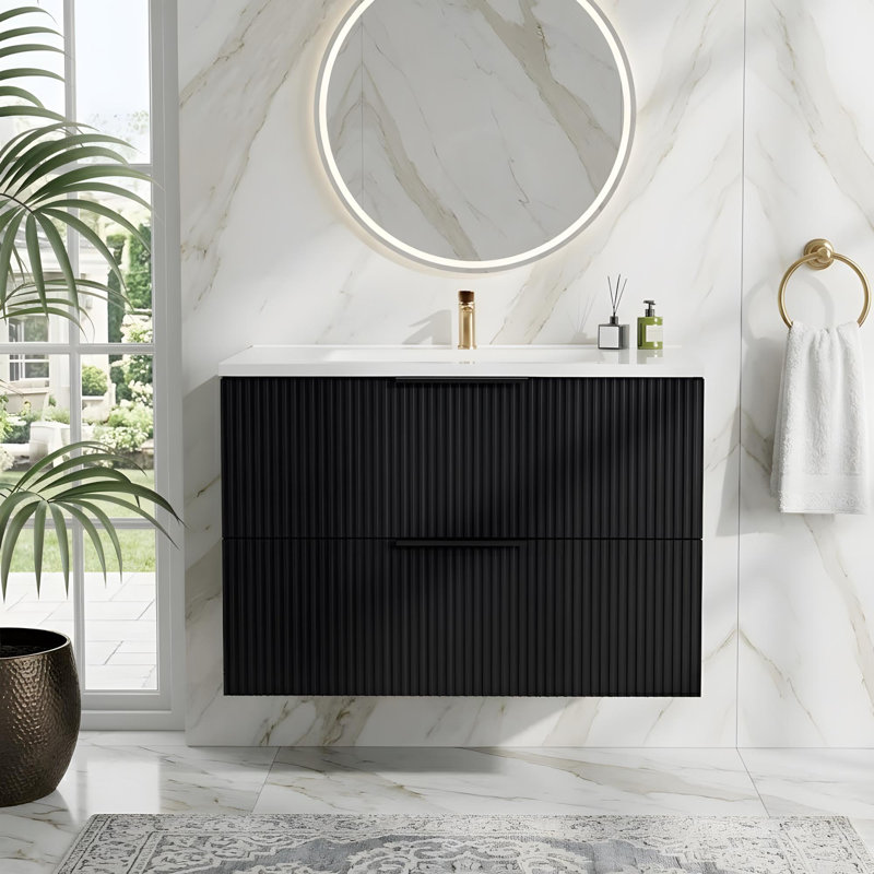 Meuble-lavabo mural avec lavabo en céramique et deux tiroirs, Noir mat, 30