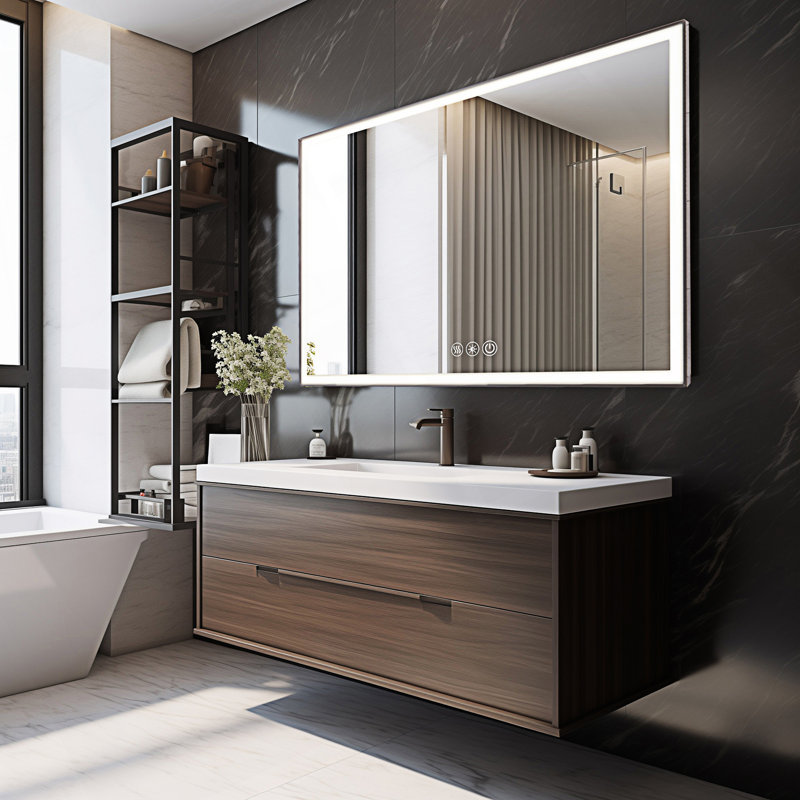 Miroir de salle de bain à DEL avec cadre en aluminium et miroir biseauté