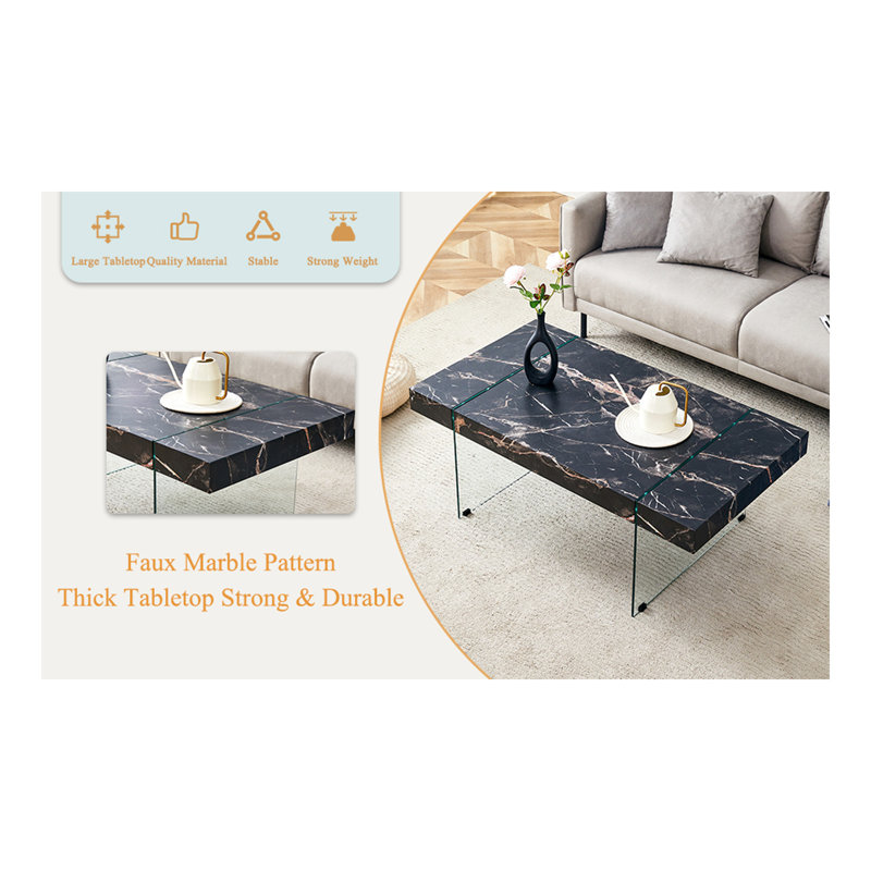 43.3"X23.6" Black Marble-Patterned MDF Coffee Table With Tempered Glass Legs.Suitable For Living Room.It Can Be Used Not Only As A Coffee Table But Also As A Side Table Or Display Stand.