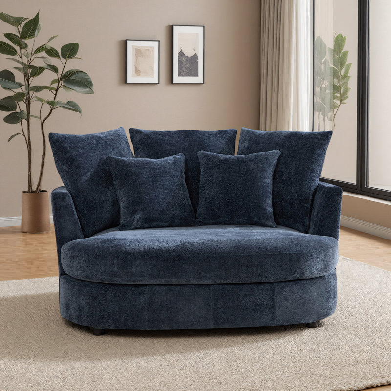 Fauteuil demi-tonneau rembourré de 55 po de largeur, Chenille bleue marine