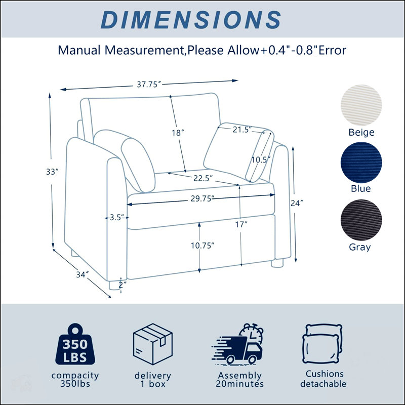 Fauteuil d'appoint en velours côtelé avec coussin lombaire et poche latérale, capacité de charge de 159 kg