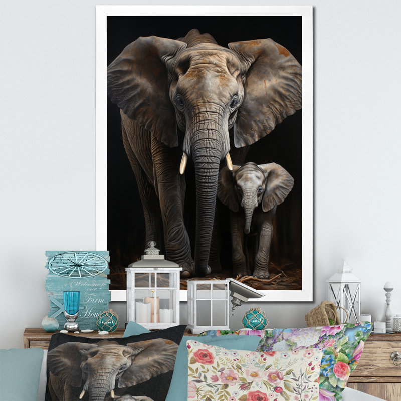 «Emjay Elephant Family» en noir et blanc sur toile, H 44 po x l 34 po x P 1,5 po, Cadre photo blanc