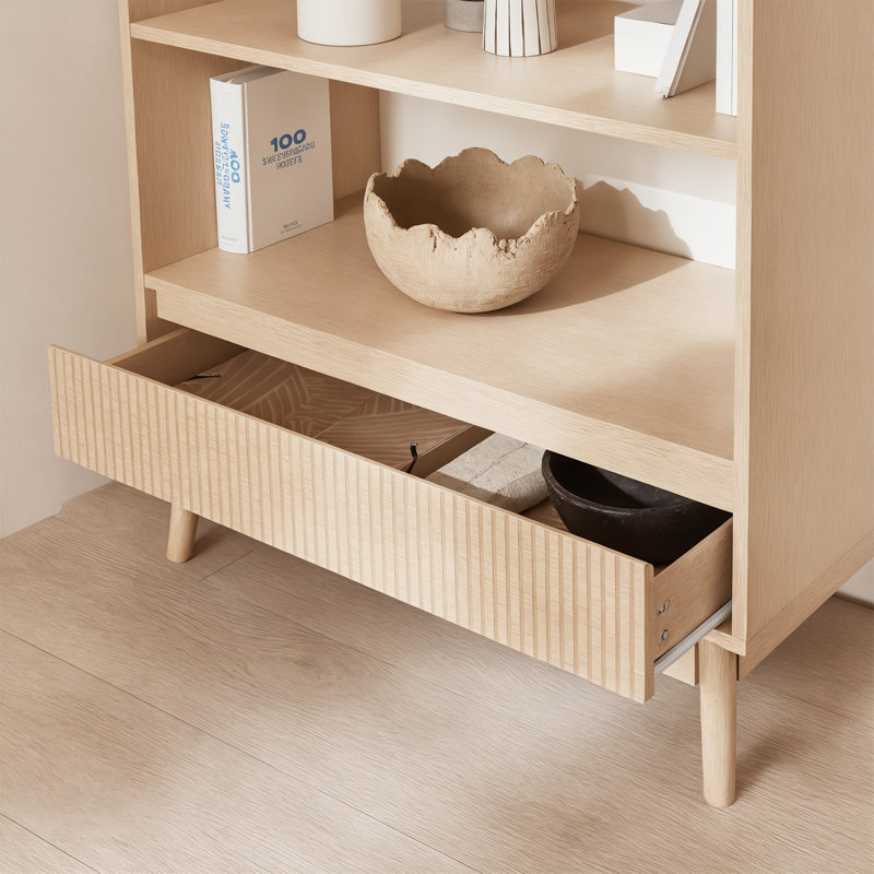 3 Tier Bookcase With Grooved Wooden Storage Drawer (2 Pcs)