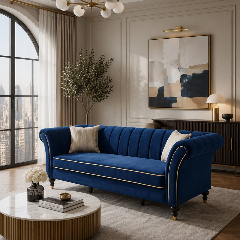 89.5 " Velvet Sofa, Velours bleu rétro