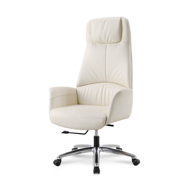 Fauteuil de bureau argenté en cuir véritable + similicuir + alliage d'aluminium, Beige / Blanc