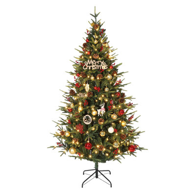 Artificial Christmas Tree 6.5ft - Pre-Decorated with Pine Cones & Red Berries - Realistic Full Branch Advice - Sturdy Metal Stand - Holiday Home/Offic