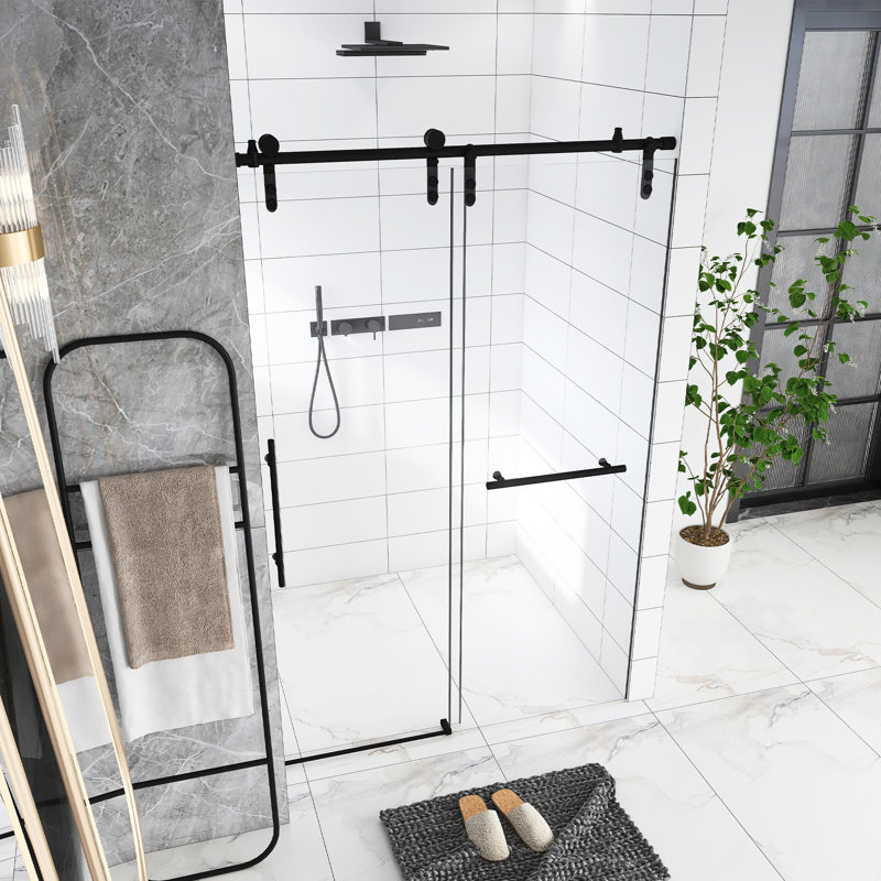 44-48" W X 76" H Frameless Sliding Shower Door, 5/16" (8Mm) Clear Tempered Glass, Stainless Steel Frame,Matte Black