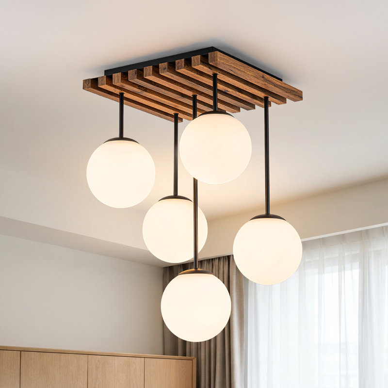 Wood Semi Flush Mount with Dangling Glass Globes