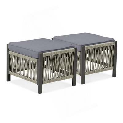 Outdoor PE Wicker Ottomans Set Of 2, Patio Rattan Footrests With Cushion For Backyard Or Deck
