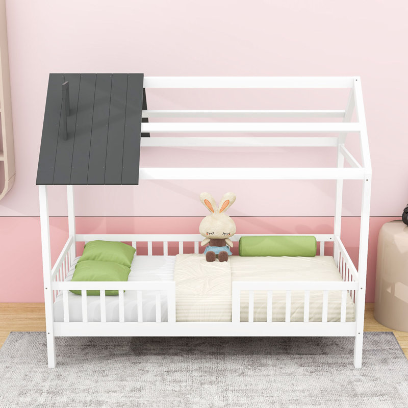 Lit simple en bois avec garde-corps et lattes robustes, Blanc / Gris