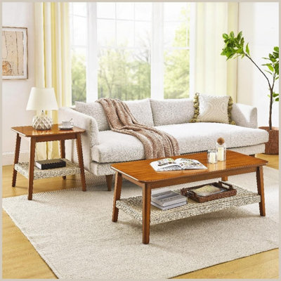 Mid-Century Boho Coffee Table with Woven Rattan Shelf – Space-Saving Storage for Living Room, Patio &amp; Home Office, Easy to Clean