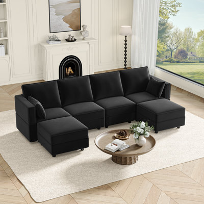 118" Velvet Modular Storage Sofa, 4-seater Convertible Couch With 2 Ottomans