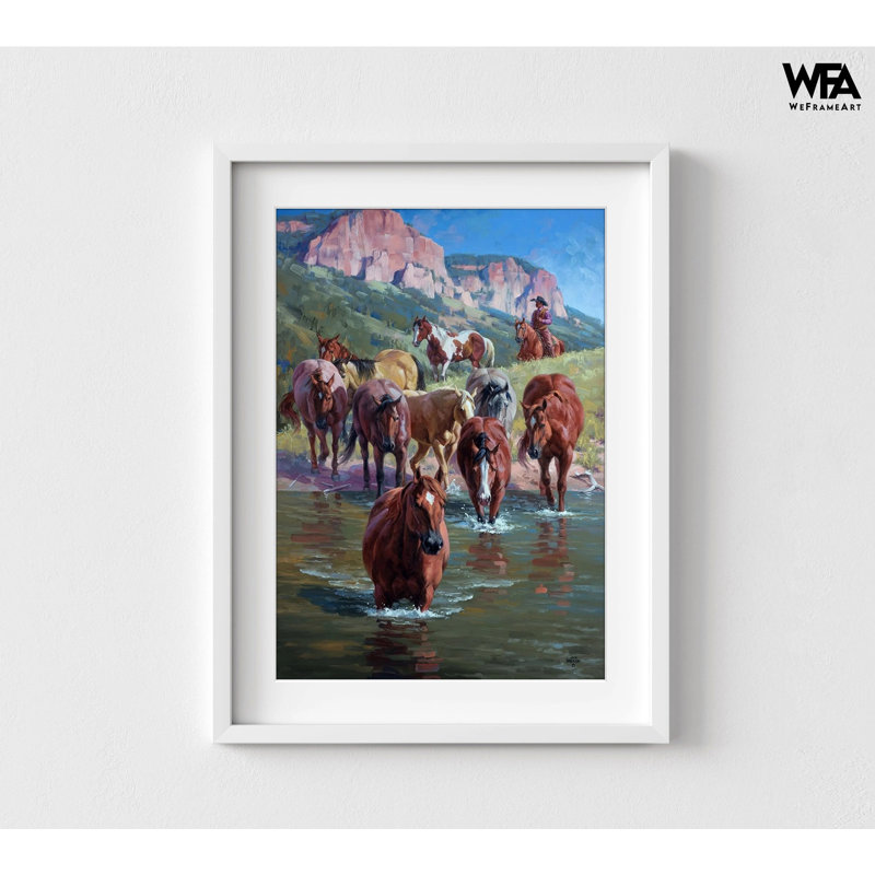 Rivière traversée avec des chevaux, H 30 po x l 40 po, Cadre blanc, Blanc