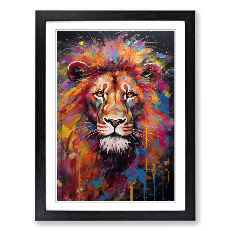 Lion Expressionism Art - Framed Print, 46cm H x 34cm W x 2cm D, Black Framed