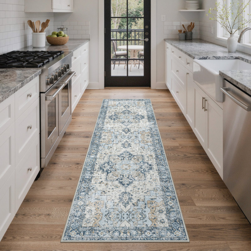 Tapis transitionnel antidérapant lavable à la machine, Tapis de couloir 2 pi x 6 pi, Bleu