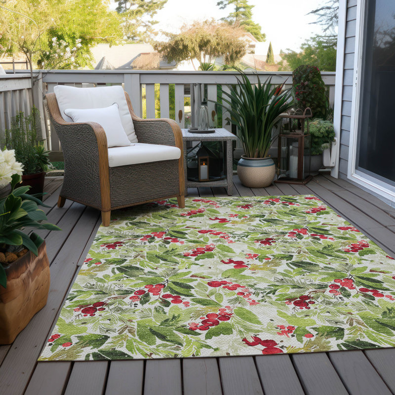 Tapis intérieur / extérieur cerise de Noël lavable à la machine Xhevrie Aloe, Rectangle 9 pi x 12 pi