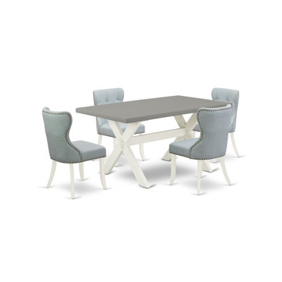 Ensemble de salle à manger 5 pièces comprenant une table rectangulaire à pattes en X et 4 chaises rembourrées en lin bleu ciel, 91 x 152 cm, multicolore