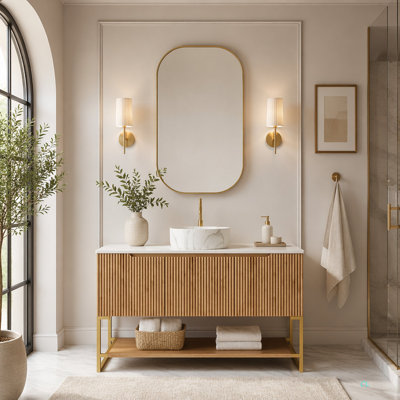 TULIO 48" Bathroom Vanity & Sink, Freestanding Storage Cabinet With 3 Doors & Open Shelf Round Ceramic Vessel Basin With Stone Pattern & Carrara Sintered Stone Countertop