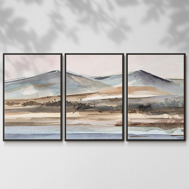Autumn Mountain Valley II, peinture sur toile 3 pièces, H 36 po x l 75 po, Cadre noir