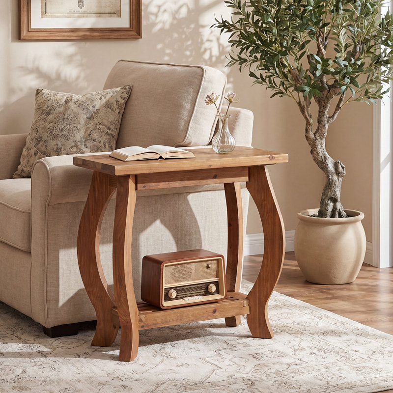 Narrow Side Table, 2-Tier Solid Wood End Table with Storage Shelf,(2,Brown)