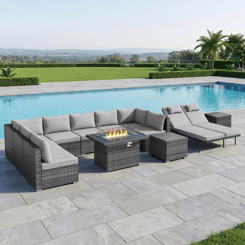 12-Piece Outdoor Conversation Seating Sectional Set With Fire Pit Table And Double Chaise Lounge, Light Gray