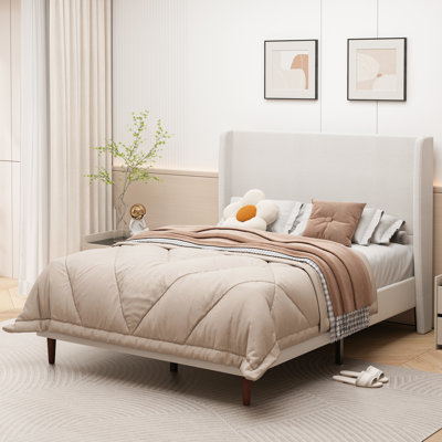 High Back Soft Bed, 12-Slat Support, High Quality Soft Bed, Easy To Assemble, Beige, Chenille Cloth by Trule