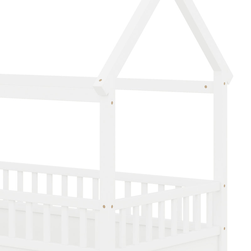 Lit de plancher en bois avec cadre de toit de maison, garde-corps de clôture