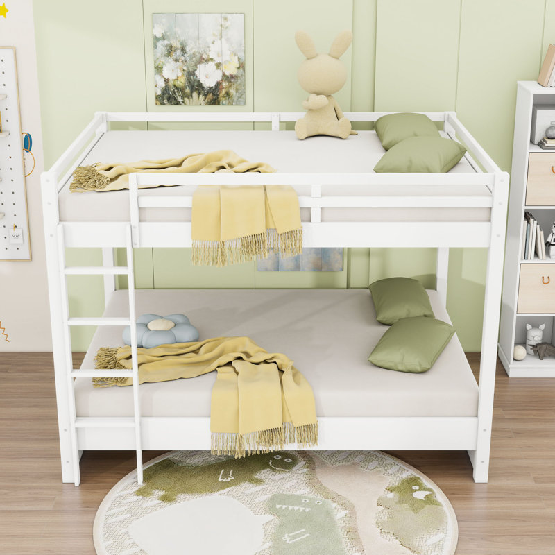 Queen Over Queen Wooden Bunk Bed With Guardrails And Slats, White