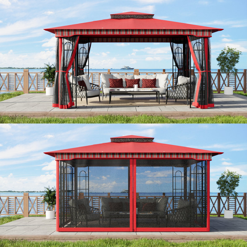 13 Ft.W x 11 Ft.D Outdoor Steel Patio Gazebo with Double Vented Roof and Full Netting, Red