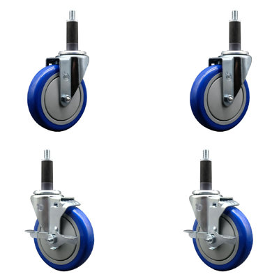 5 Inch SS Poly Wheel Swivel 1 Inch Expanding Stem Caster Set 2 Brakes SCC