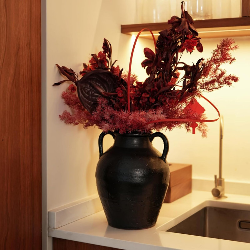 Vase en céramique noir fait à la main avec glacis craquelé - décor rustique antique pour le salon, l'entrée et le style Wabi-Sabi