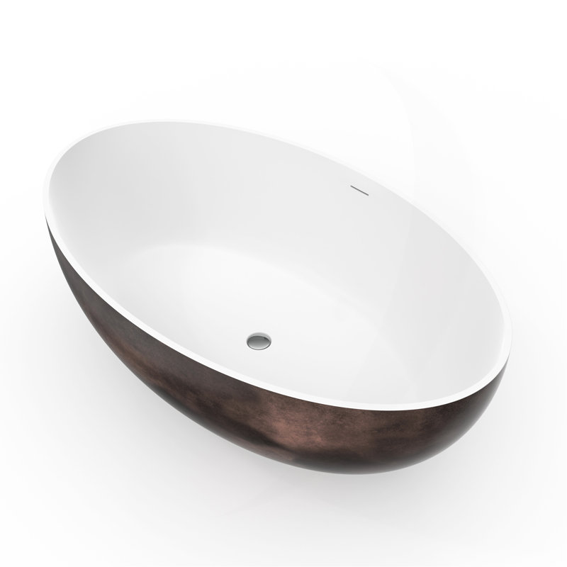 67 Inch Freestanding Solid Surface Soaking Bathtub For Bathroom, White/Walnut