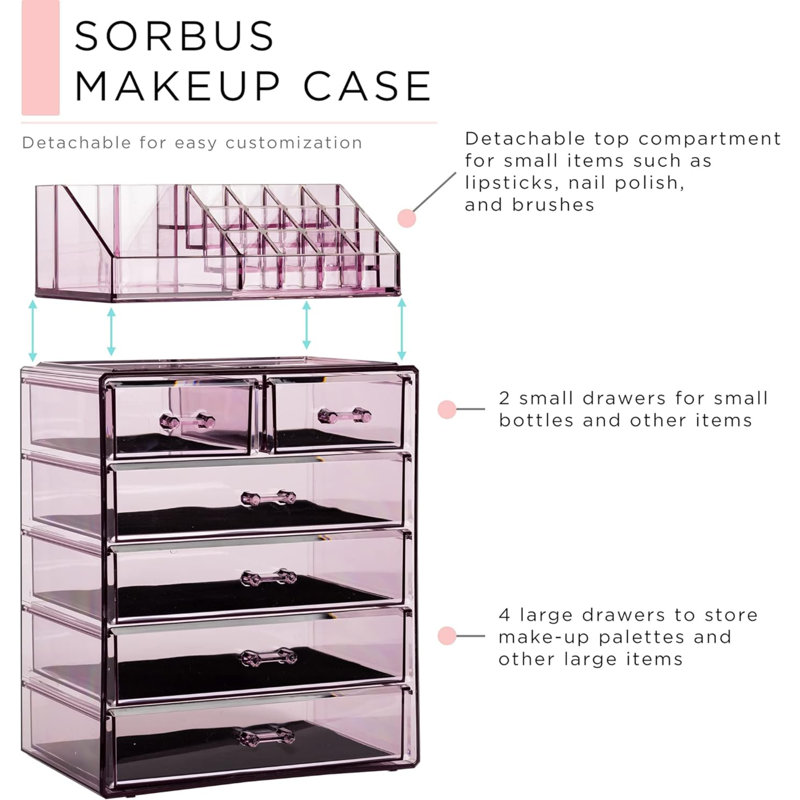 Organisateur de maquillage transparent - Maquillage et rangement pour bijoux, étui et présentoir - Conception spacieuse - Idéal pour la commode, la salle de bain, le meuble-lavabo et le comptoir (4 grands, 2 petits tiroirs) [Brilliance]