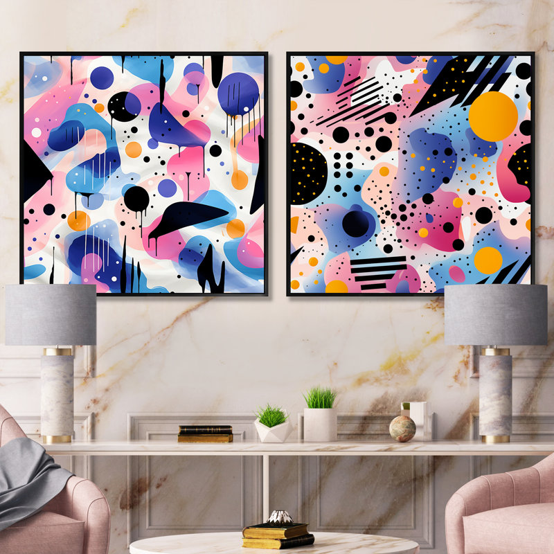 Mauve et rose Designer Dot and Waves II - Ensemble de 2 collages abstraits carrés, Cadre flottant noir, H 30 po x l 61 po