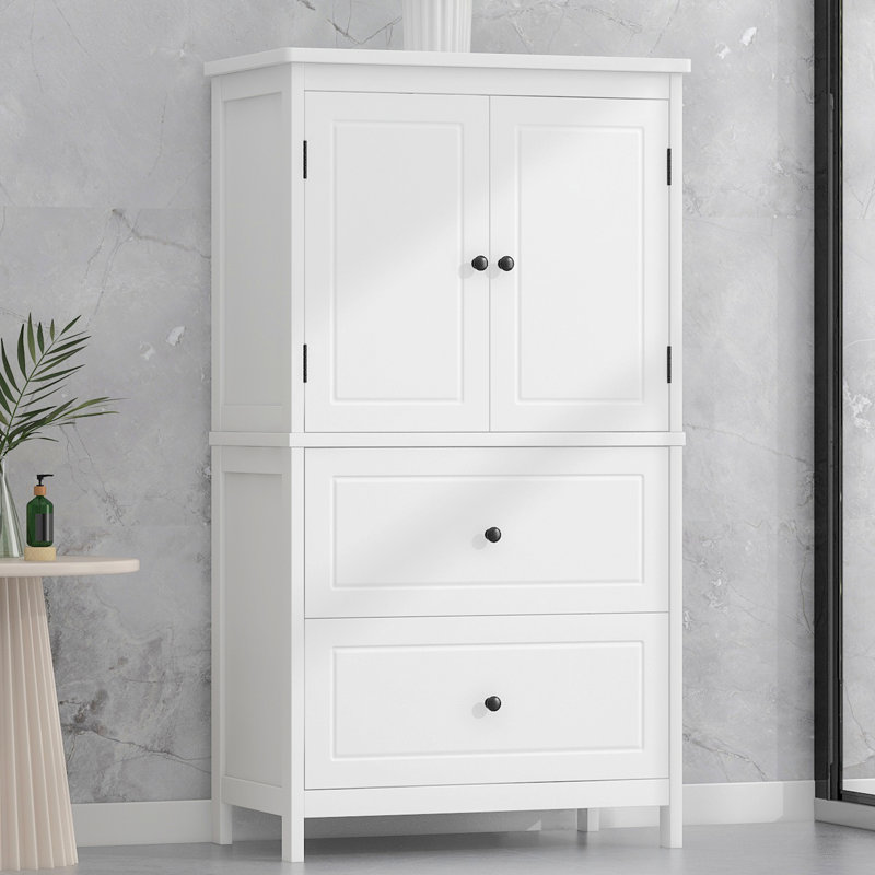 Armoire de rangement pour salle de bain H 43,3 po, armoire autoportante avec tablette ouverte et 2 portes, grande armoire avec 2 tiroirs pour salle de bain, salon, cuisine, blanc