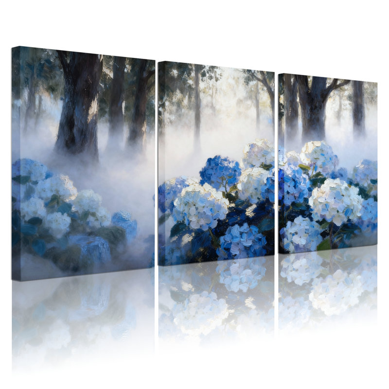 Hortensia, fleurs bleues dans une forêt brumeuse, ensemble de 3 impressions sur toile, H 18 po x l 36 po