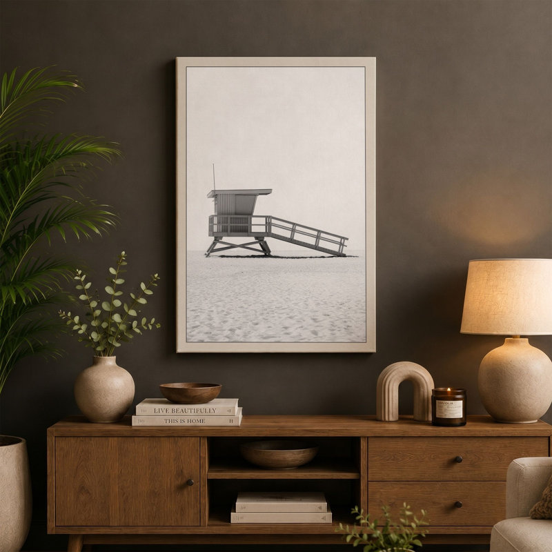 Lifeguard Tower at Rest Minimalist - Wrapped Canvas, Terracotta Border, 30x20 - 76.2 x 50.8 cm