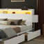 Cadre de lit grand Antioch avec 2 tiroirs sous le lit, lit plateforme moderne avec station de charge et lumière DEL, tête de lit avec 2 tiroirs de chevet et tablettes ouvertes, blanc-705684570-681037733