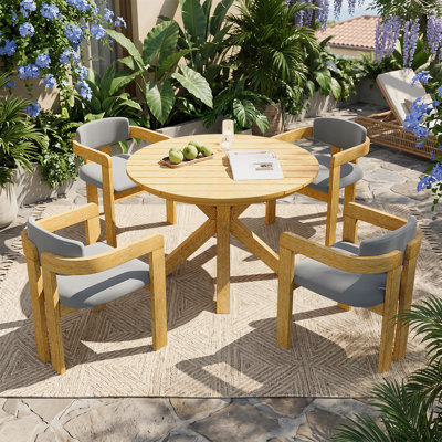 5-Piece Patio Solid Wood Dining Set, Large Size Round Table with 4 Cushioned Seats & Backs Barrel Chairs