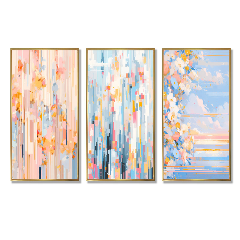 Modern Pink Cherry Blossom Bold Stripes, Cadre flottant doré, H 28 po x l 36 po