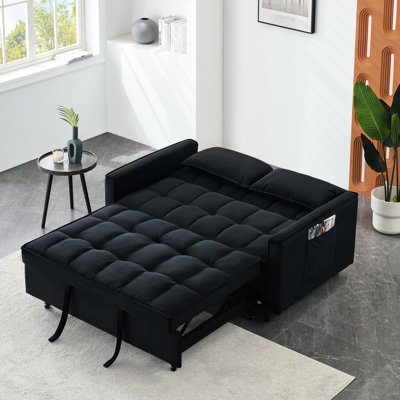 3 In 1 Bed With 2 Seats, Modern Velvet, Beige - Black Pink Gray, Solid Wood + Based Panel, S Spring, 500Lbs Capacity Seat Convertible Bed, Metal Silver Legs, Sponge , Removable Pillowcases, Support