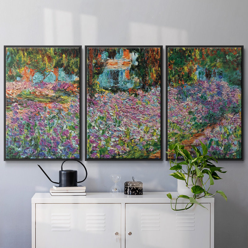 Iris in Monet's Garden, 1900 03, reproduction d'art encadrée sur toile 3 pièces, H 36 po x l 75 po x P 2 po, Cadre noir