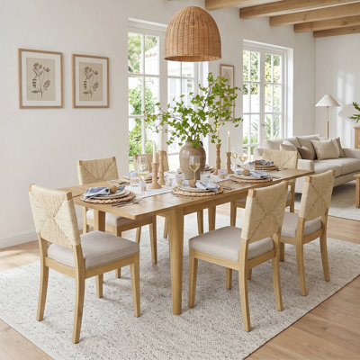 63"-95" Extendable Solid Wood Dining Set With 6 Woven Chairs