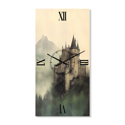 Château au-delà de la brume - Horloge murale en métal de format paysage