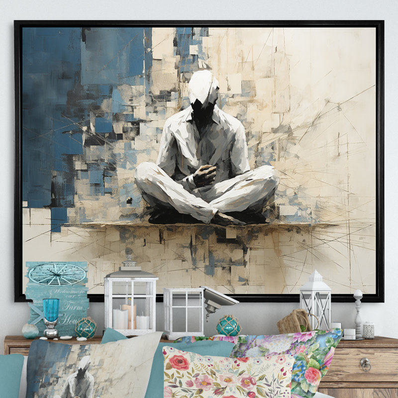 Abstrait médiation de yoga bleu et blanc sur toile, Cadre flottant noir, H 30 po x l 40 po