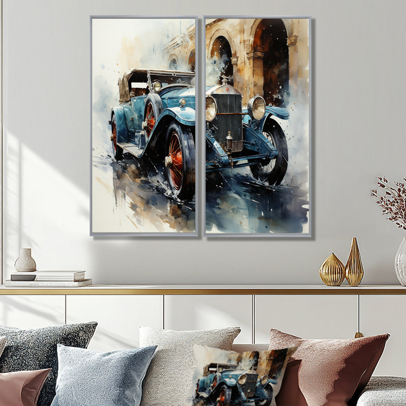 Une aquarelle capturant une voiture rétro - décoration murale rétro surdimensionnée, H 40 po x l 40 po, Argent argent