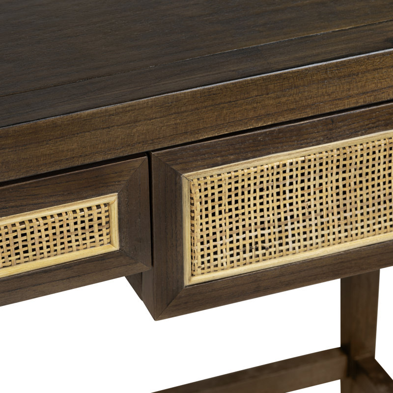 East Urban Home 60" Brown 3 Drawer Solid Wood And Rattan Writing Desk ...