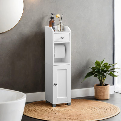 Petite armoire de rangement pour salle de bain, porte-papier hygiénique avec rangement, armoire de rangement pour papier hygiénique, organisateur de salle de bain avec tablette réglable, pieds imperméables, pour petits espaces, blanc