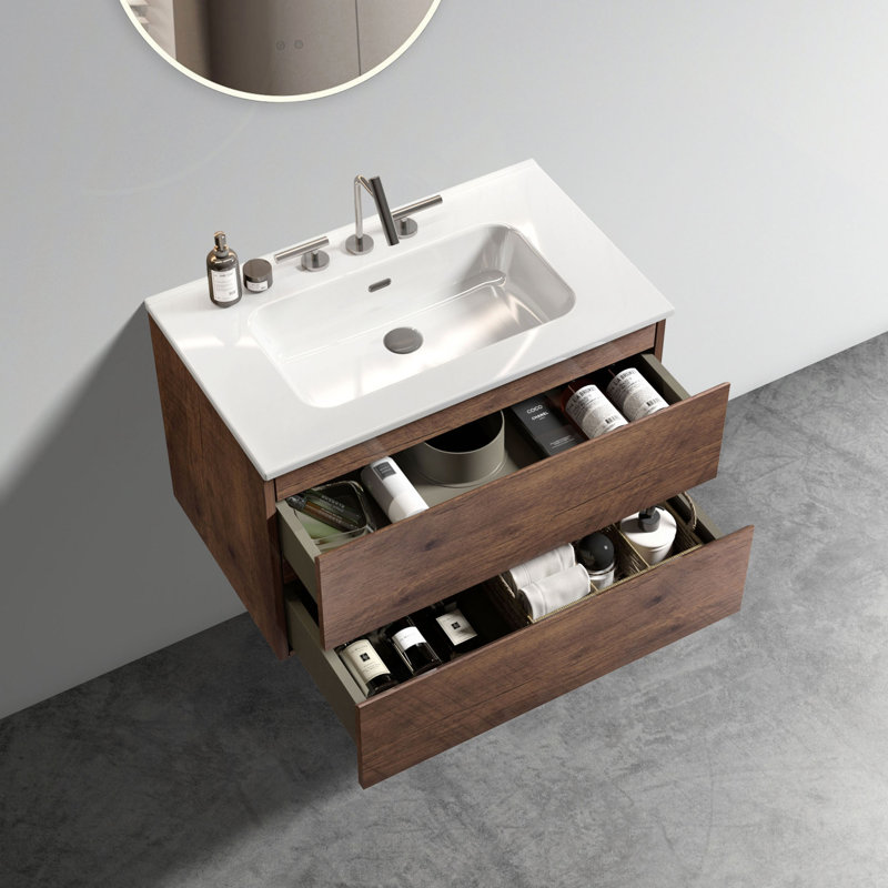 Wall Mount 30" Bathroom Vanity With Ceramic Sink With Three Faucet Holes, Large Storage Floating Bathroom Vanity For Modern Bathroom, One-Piece Sink Basin Without Drain, Pre-Assembled