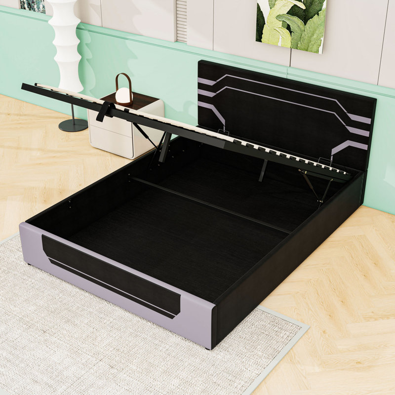 Base de lit plateforme avec espace de rangement sous le lit, Noir/gris